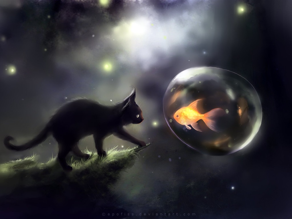 Apofiss маленький черный кот обои иллюстрации акварелью #1 - 1024x768