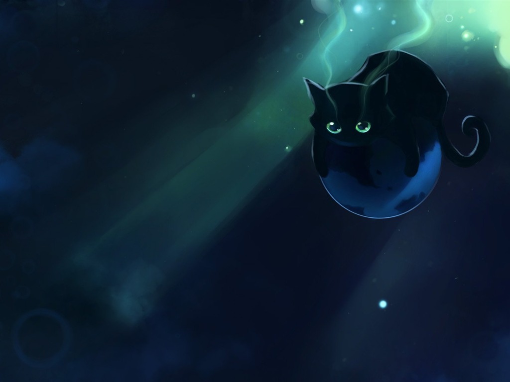 Apofiss маленький черный кот обои иллюстрации акварелью #4 - 1024x768