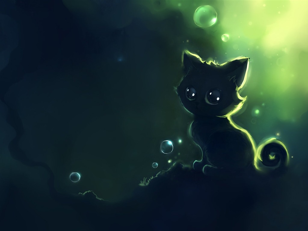 Apofiss 작은 검은 고양이 벽지 수채화 삽화 #7 - 1024x768