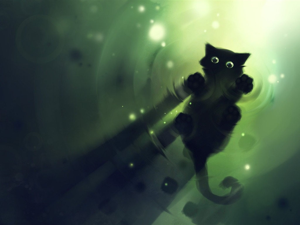 Apofiss 작은 검은 고양이 벽지 수채화 삽화 #9 - 1024x768