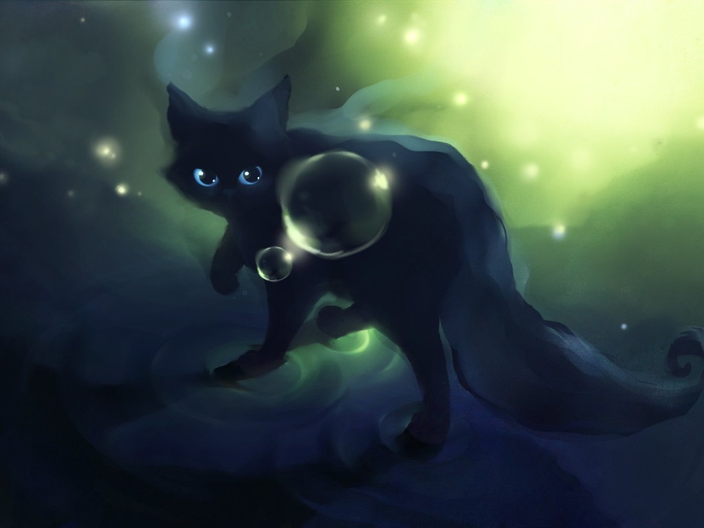 Apofiss маленький черный кот обои иллюстрации акварелью #12 - 1024x768