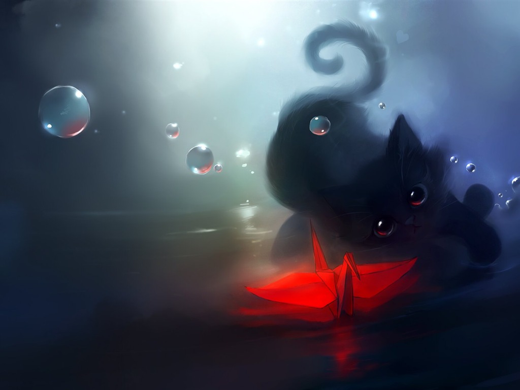 Apofiss 작은 검은 고양이 벽지 수채화 삽화 #15 - 1024x768