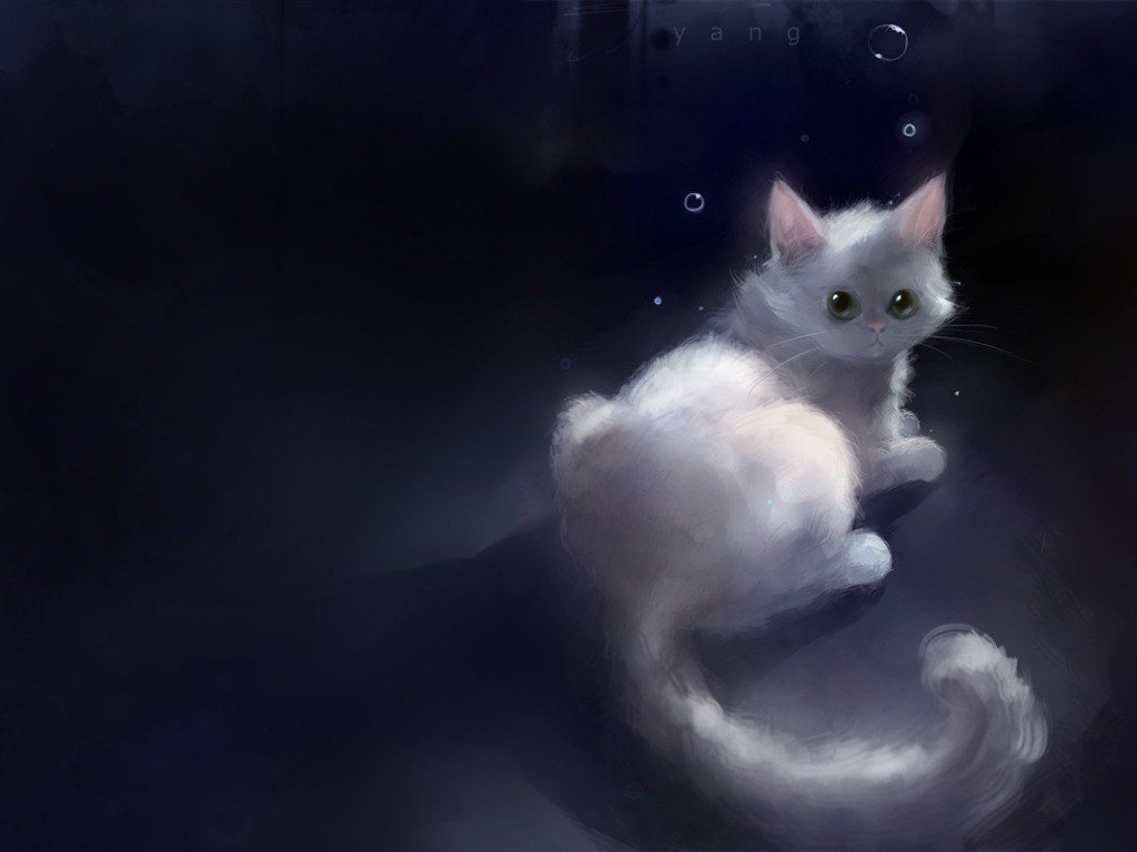 Apofiss маленький черный кот обои иллюстрации акварелью #20 - 1024x768