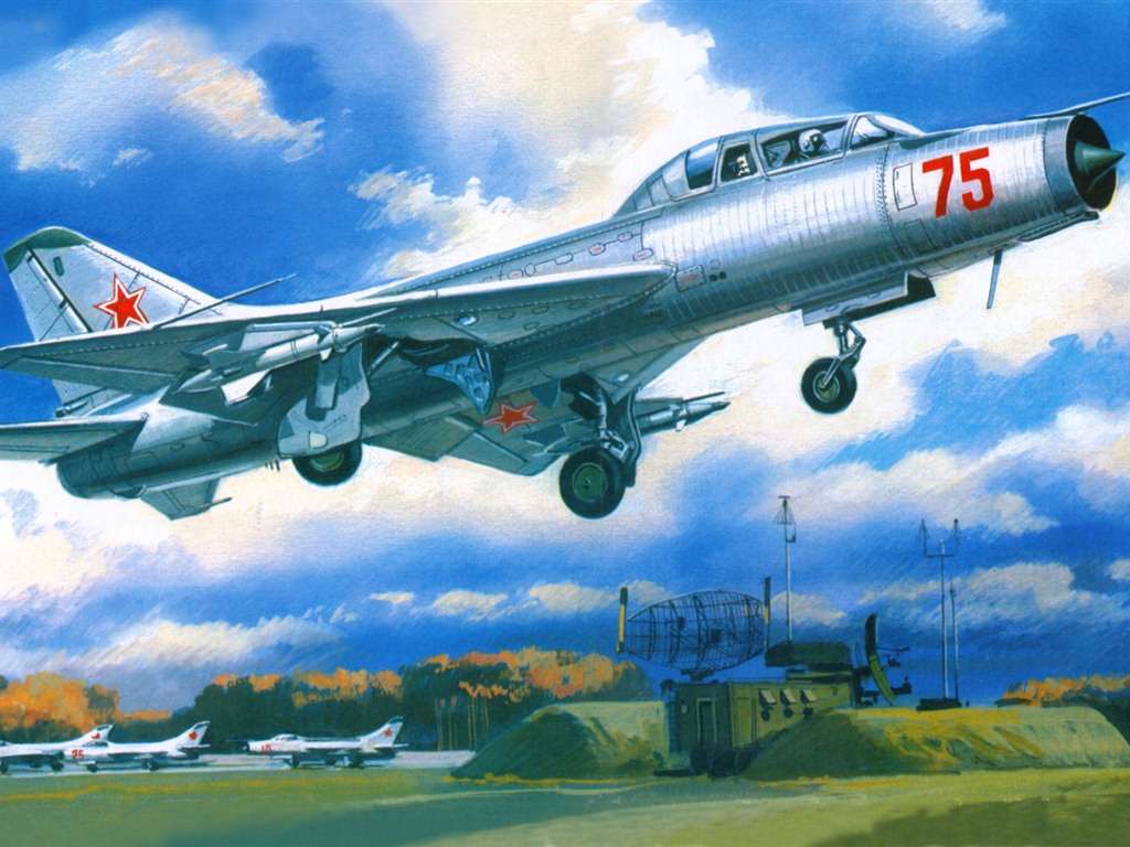 空中飞行的军用飞机 精美绘画壁纸9 - 1024x768