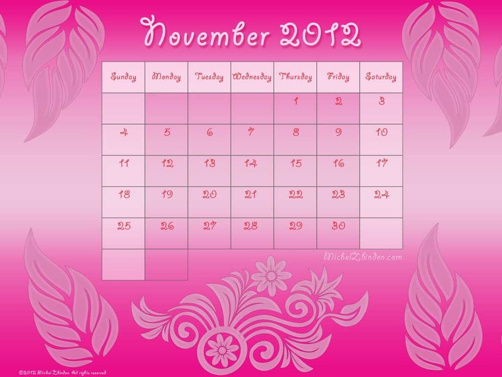 Novembre 2012 Calendar Wallpaper (1) #3 - 1024x768