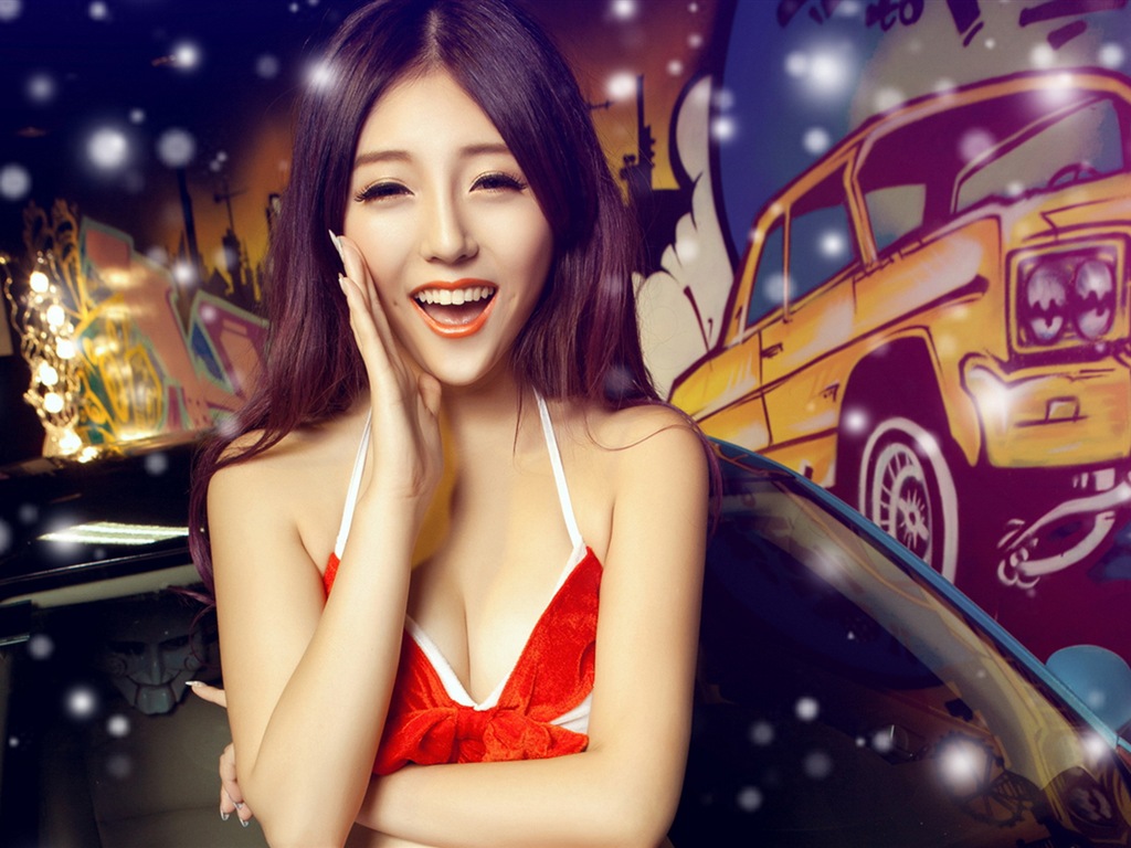 新年喜慶的紅色裝美女車模 高清壁紙 #15 - 1024x768