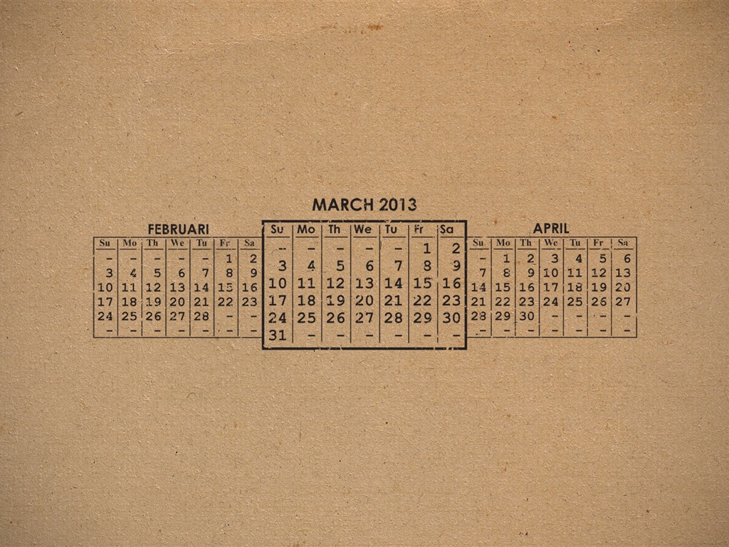 März 2013 Kalender Wallpaper (2) #6 - 1024x768
