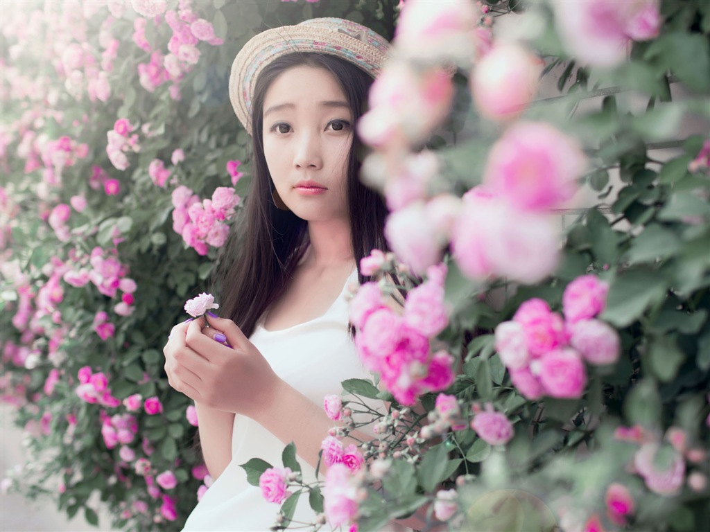 Belle fille avec des roses fleurs fonds d'écran HD #1 - 1024x768