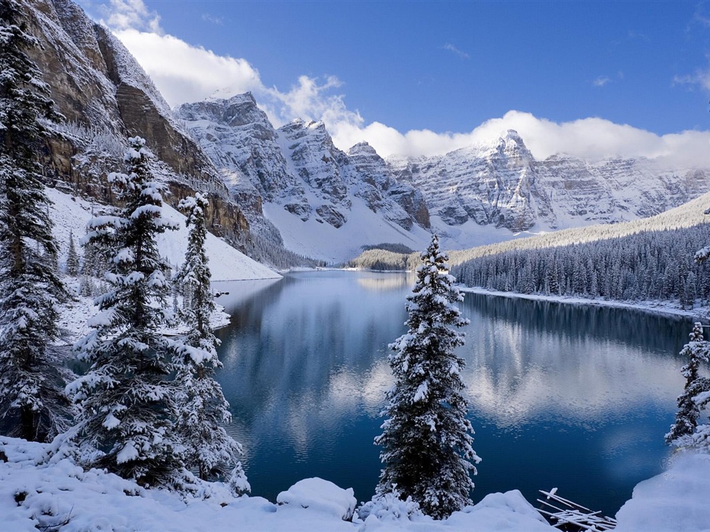 冬天的雪景，山，湖，树木，道路 高清壁纸12 - 1024x768