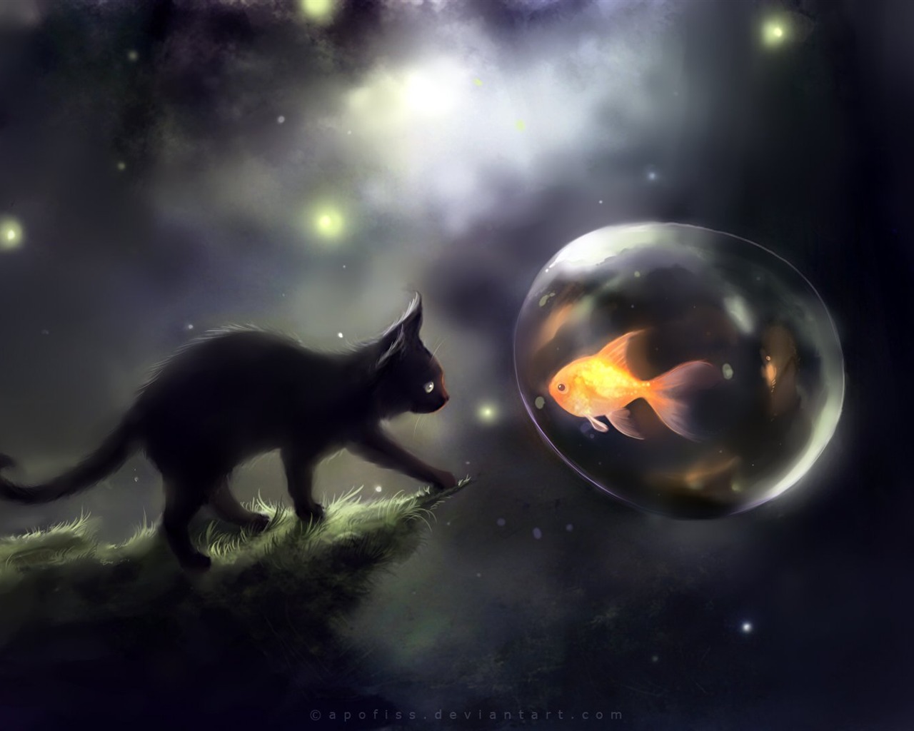 Apofiss 작은 검은 고양이 벽지 수채화 삽화 #1 - 1280x1024