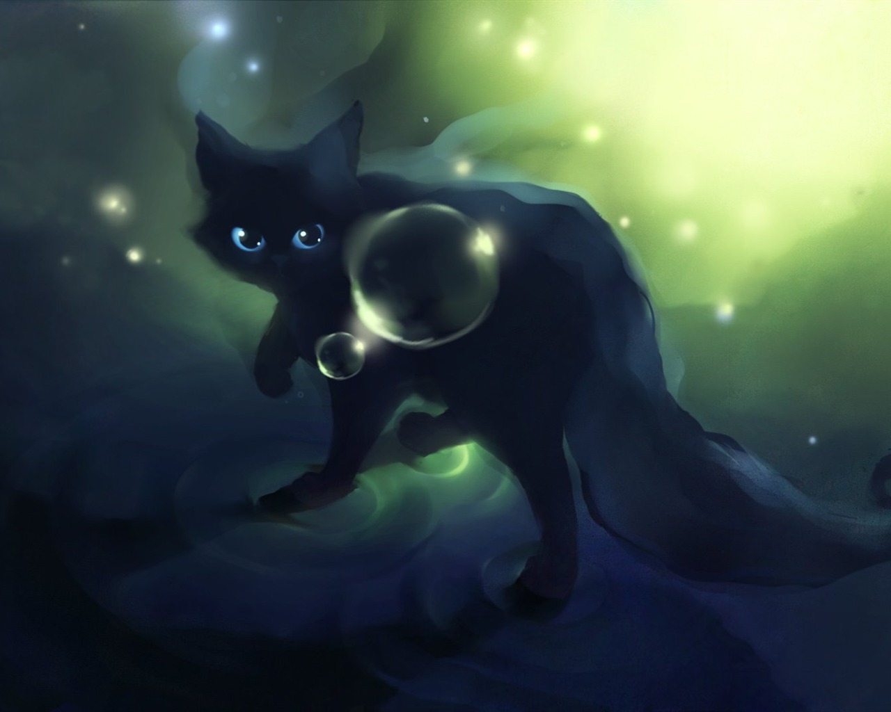 Apofiss маленький черный кот обои иллюстрации акварелью #12 - 1280x1024