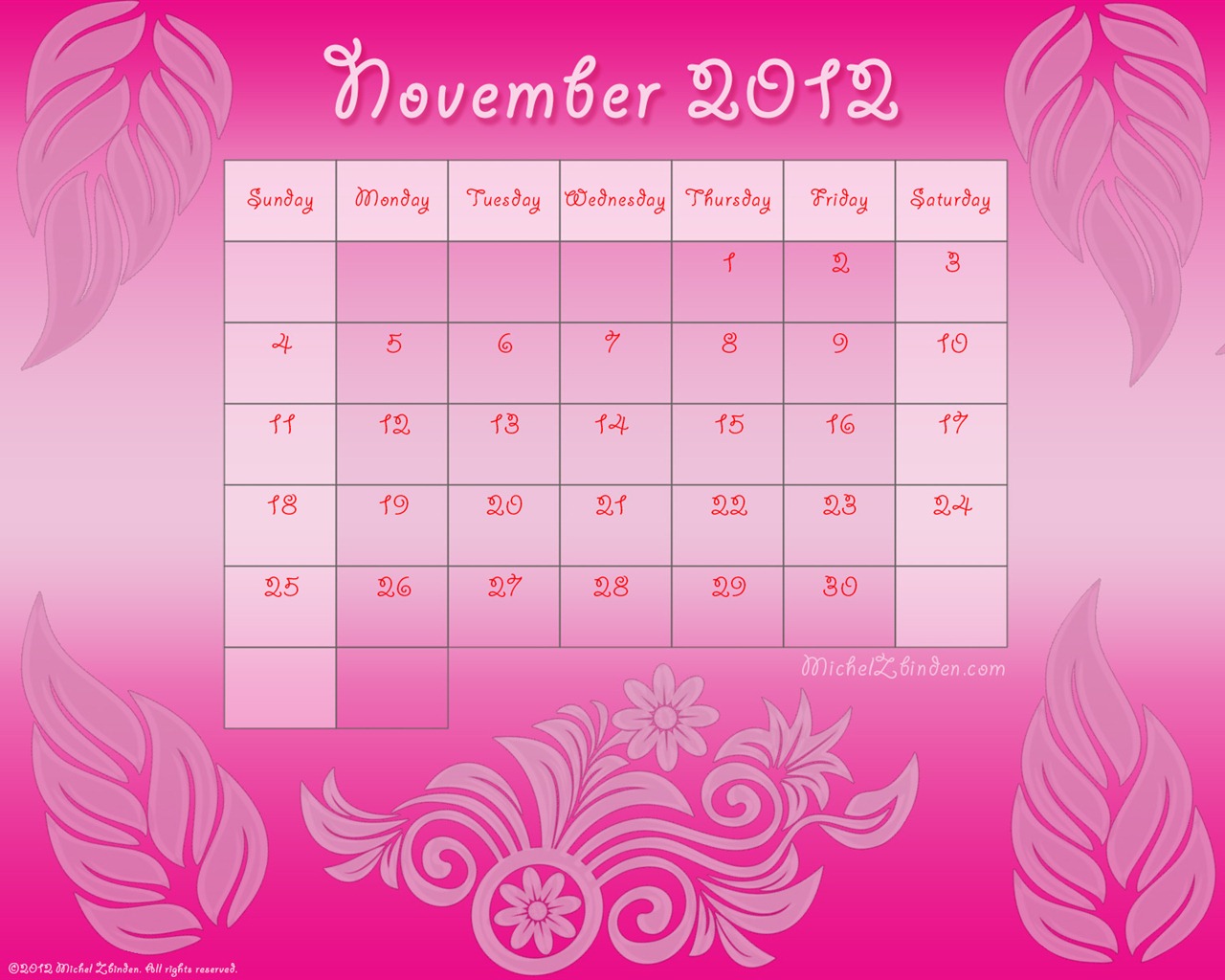 2012年11月カレンダー壁紙（1） #3 - 1280x1024