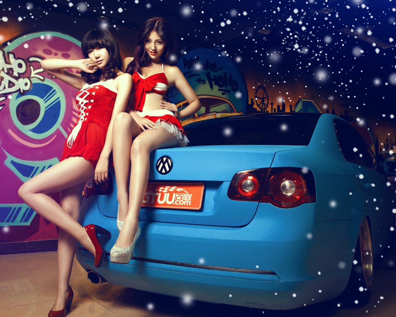 신년 축제 빨간 드레스 아름다운 자동차 모델의 HD 배경 화면 #6 - 1280x1024