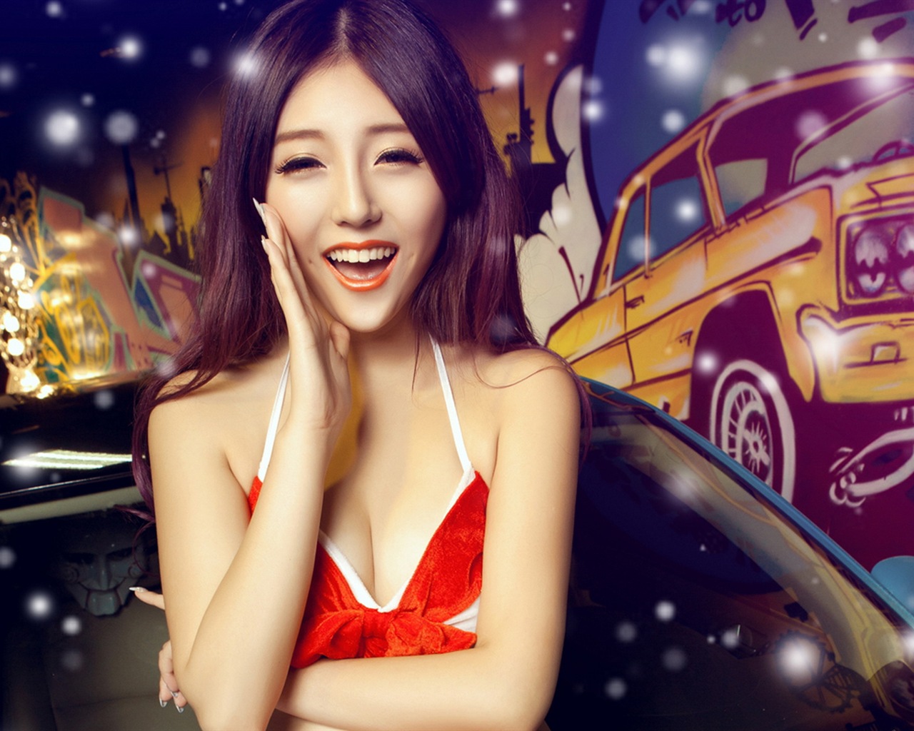 신년 축제 빨간 드레스 아름다운 자동차 모델의 HD 배경 화면 #15 - 1280x1024