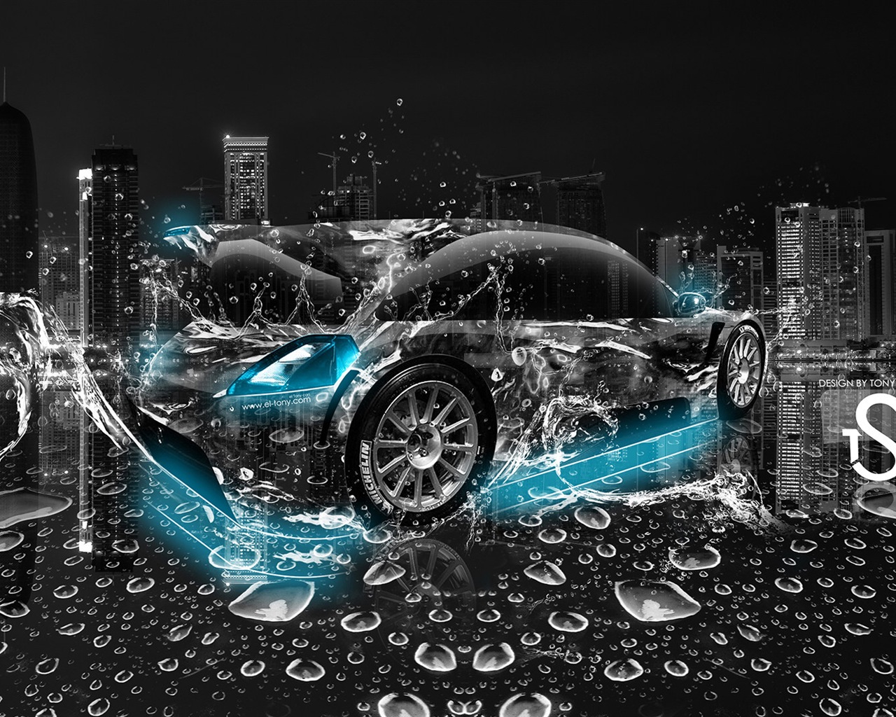 Water drops splash, beautiful car creative design wallpaper #11 - 1280x1024