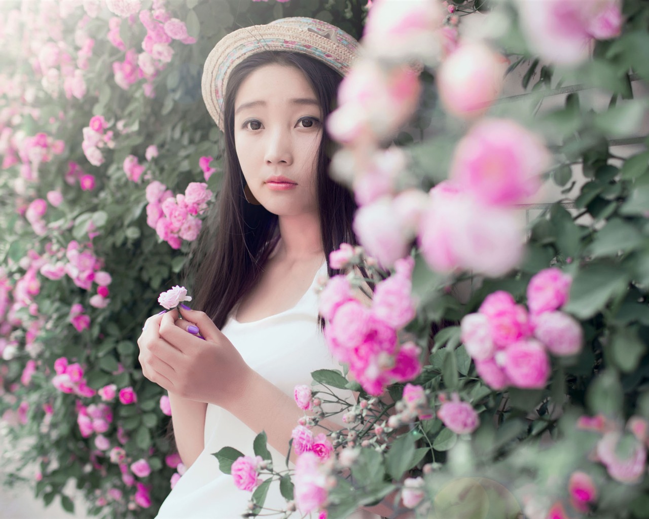 Hermosa chica con fondos de pantalla de alta definición de flores rosas #1 - 1280x1024