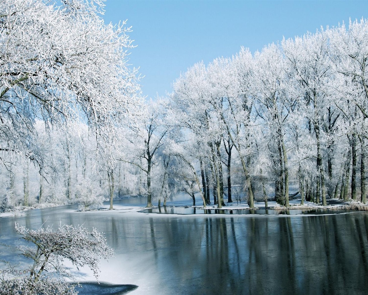 冬天的雪景，山，湖，樹木，道路高清壁紙 #1 - 1280x1024