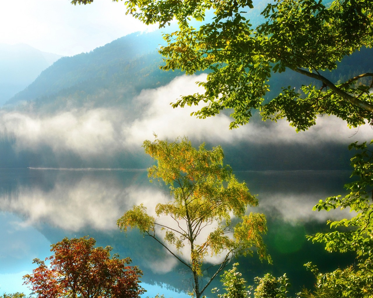 Stromy, hory, voda, východu a západu slunce, přírodní scenérie HD tapety #40 - 1280x1024
