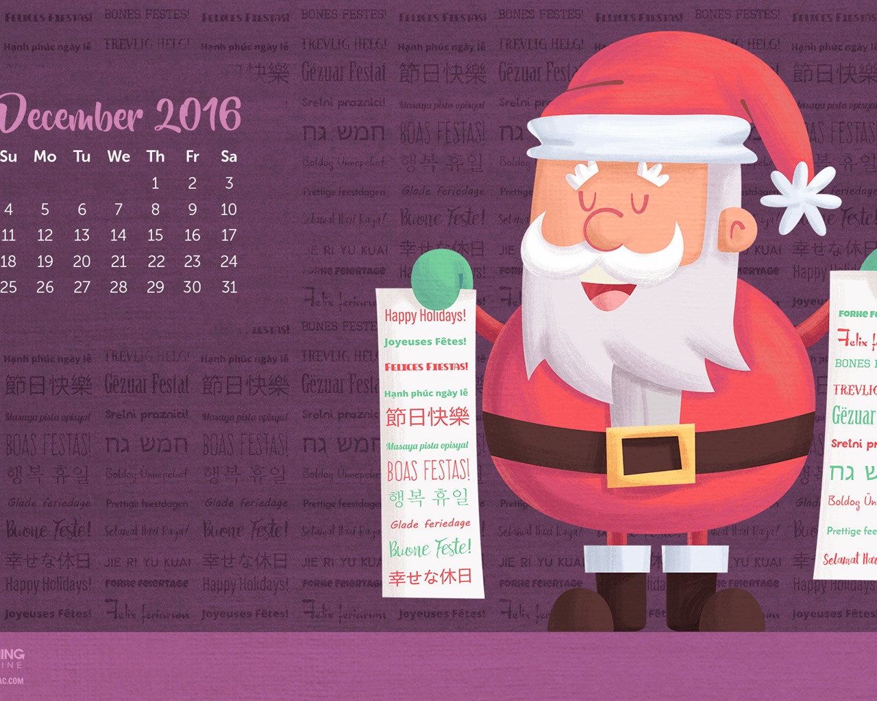 Fondo de escritorio del calendario de la Navidad de diciembre de 2016 (1) #24 - 1280x1024