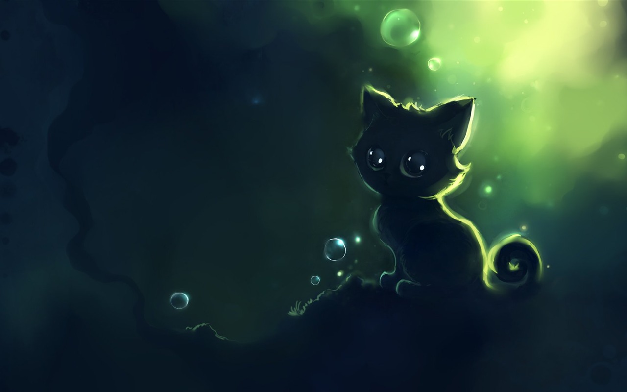 Apofiss 작은 검은 고양이 벽지 수채화 삽화 #7 - 1280x800