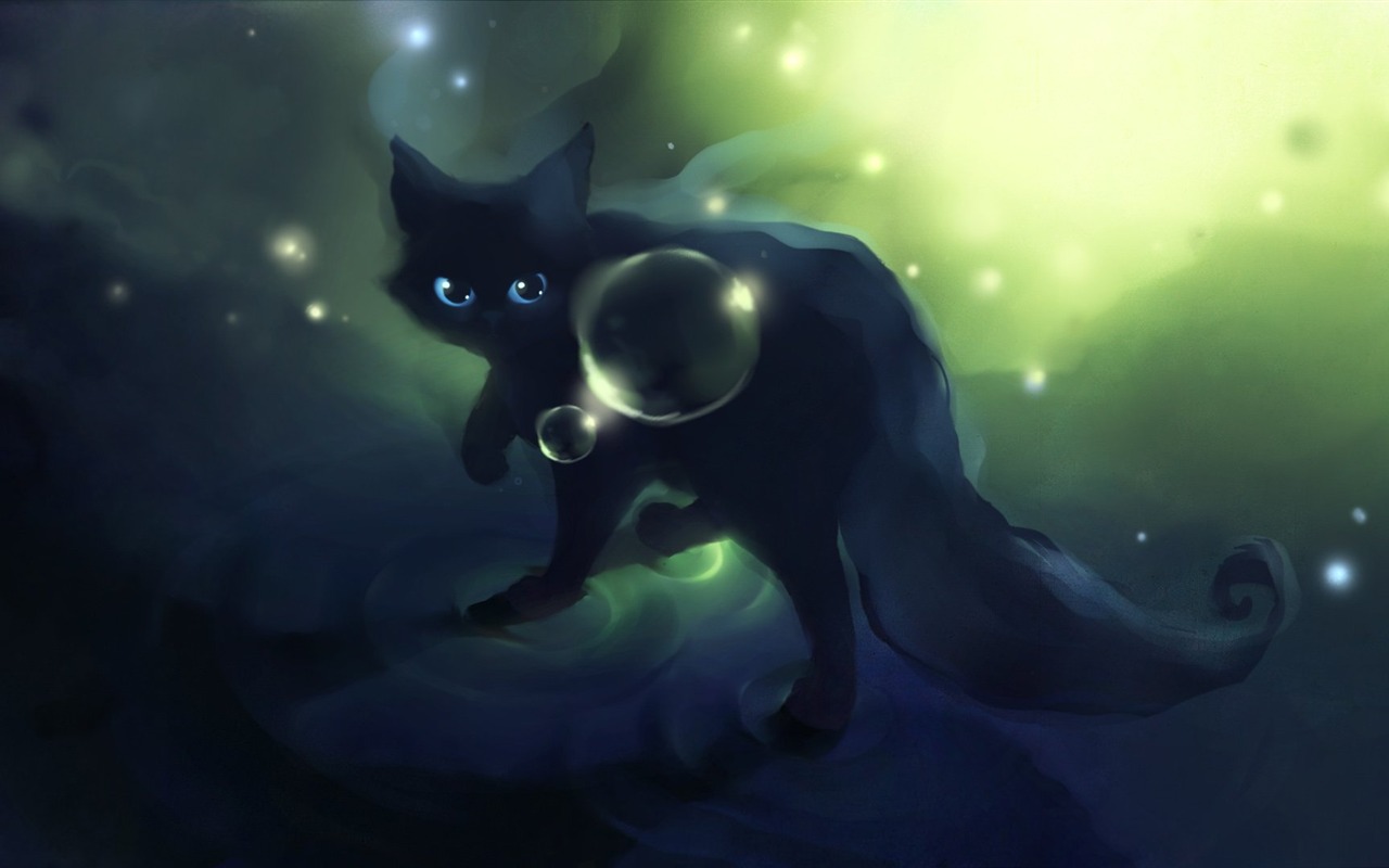 Apofiss маленький черный кот обои иллюстрации акварелью #12 - 1280x800