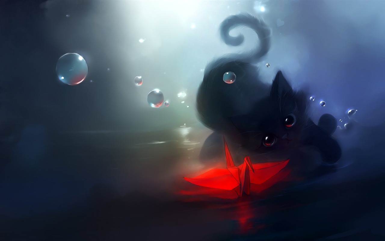 Apofiss 작은 검은 고양이 벽지 수채화 삽화 #15 - 1280x800
