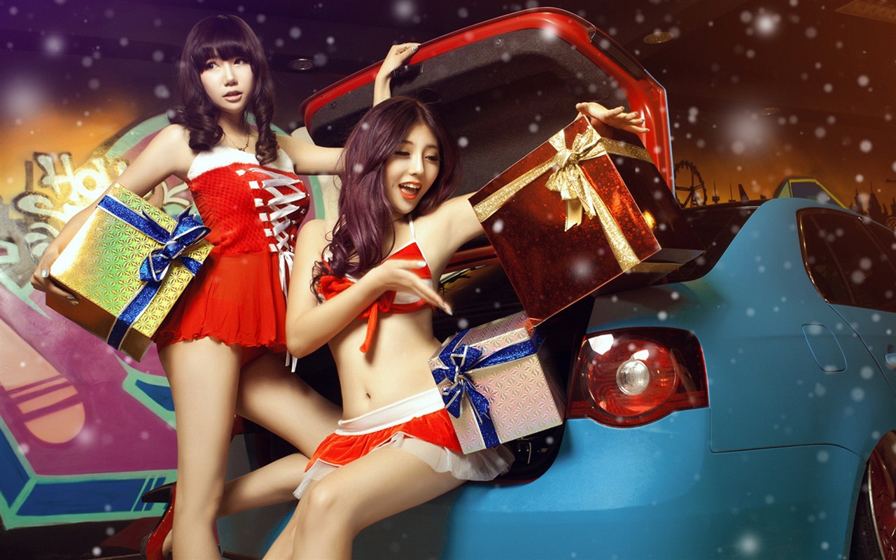 신년 축제 빨간 드레스 아름다운 자동차 모델의 HD 배경 화면 #7 - 1280x800