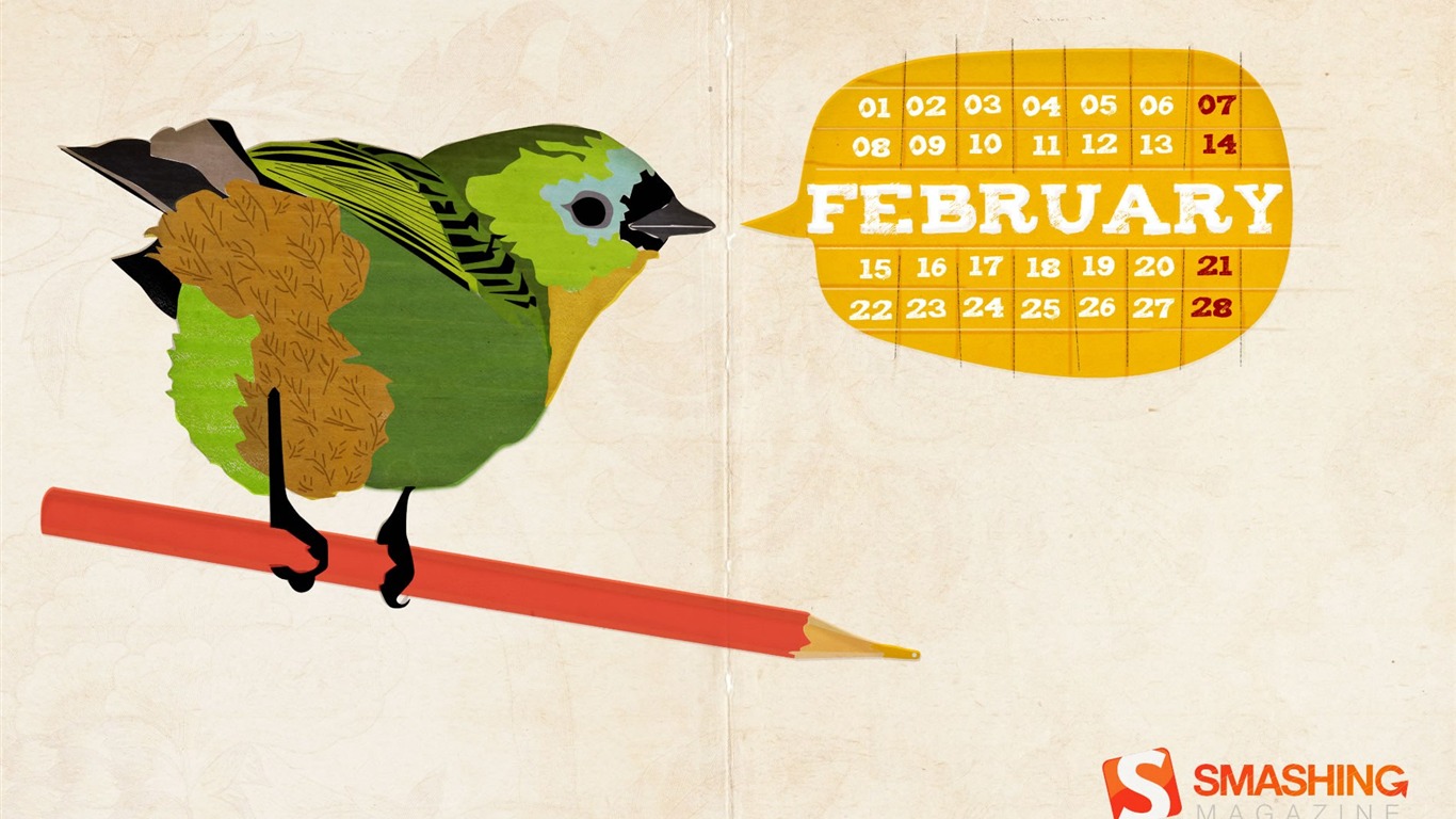 Febrero 2010 Calendario Wallpaper creativa #10 - 1366x768