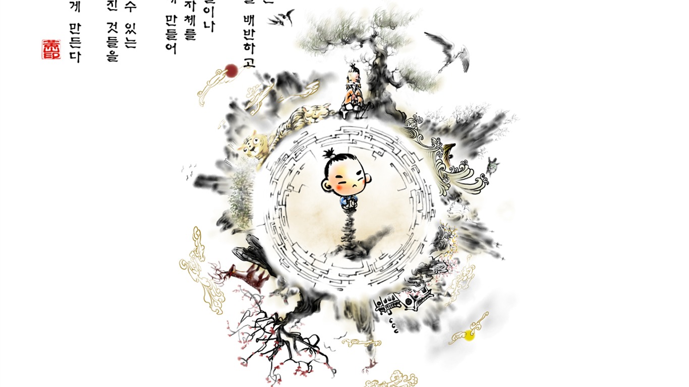 韩国水墨风格 卡通壁纸52 - 1366x768