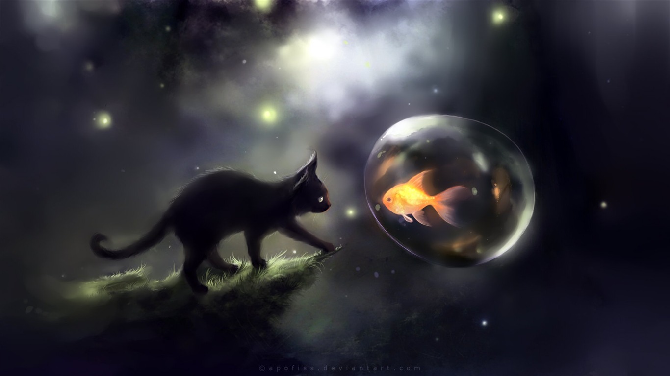 Apofiss маленький черный кот обои иллюстрации акварелью #1 - 1366x768