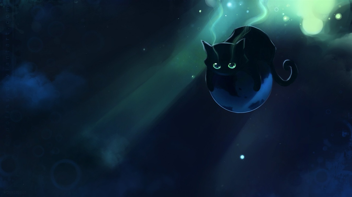 Apofiss маленький черный кот обои иллюстрации акварелью #4 - 1366x768