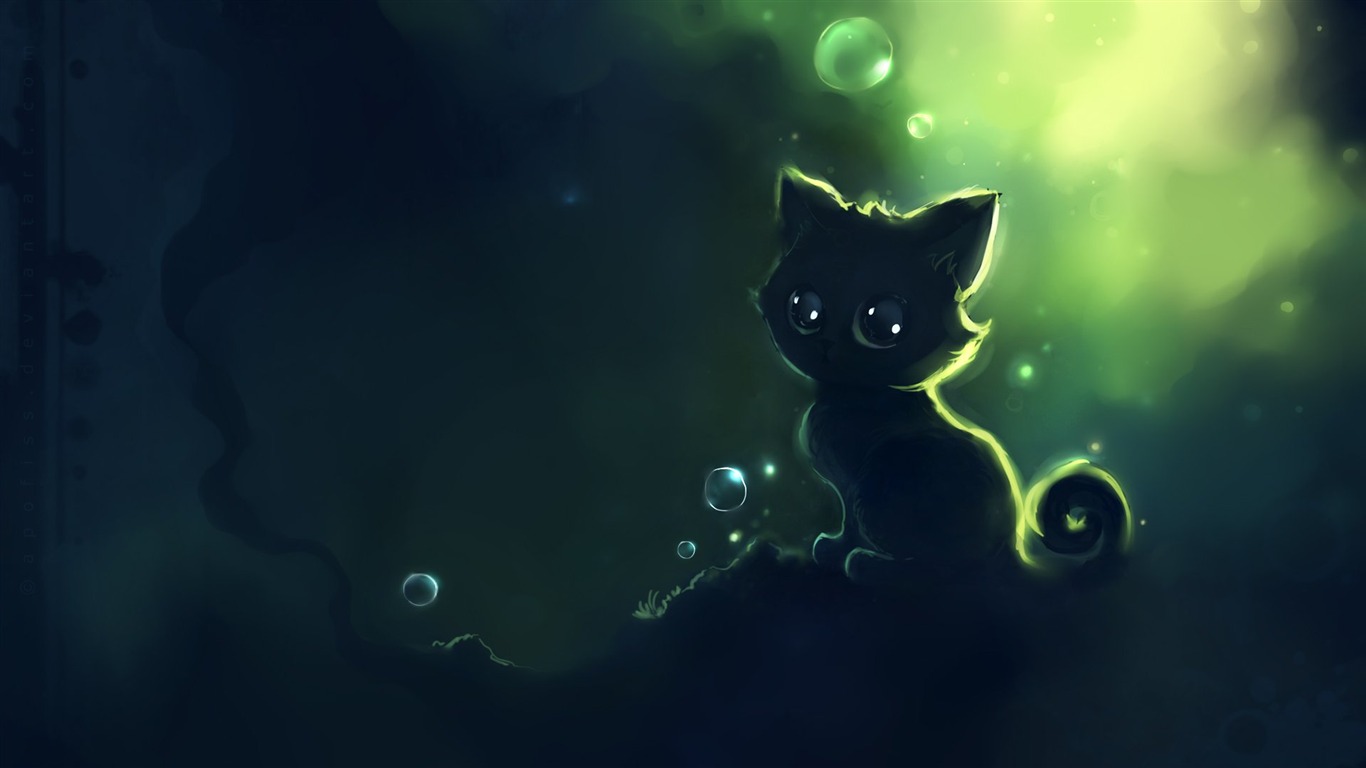 Apofiss 작은 검은 고양이 벽지 수채화 삽화 #7 - 1366x768