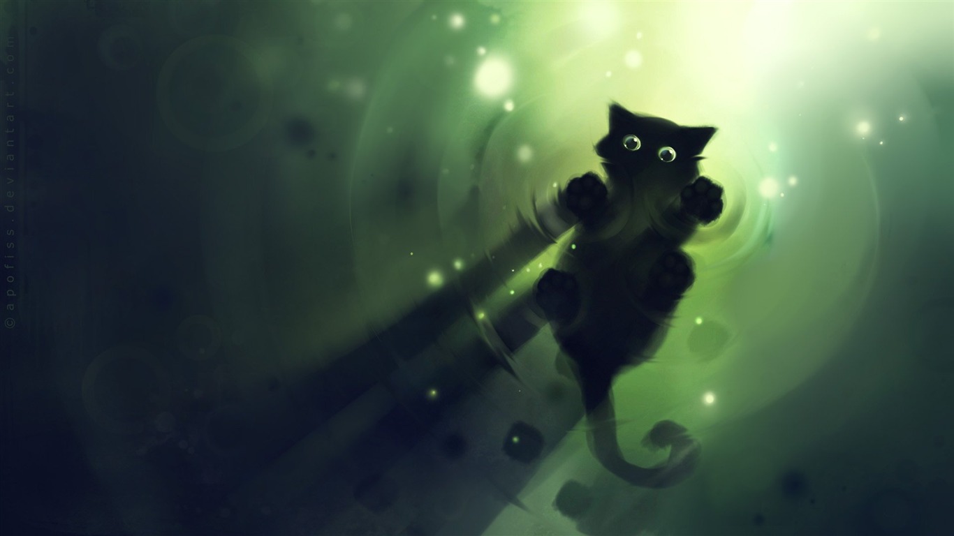 Apofiss маленький черный кот обои иллюстрации акварелью #9 - 1366x768