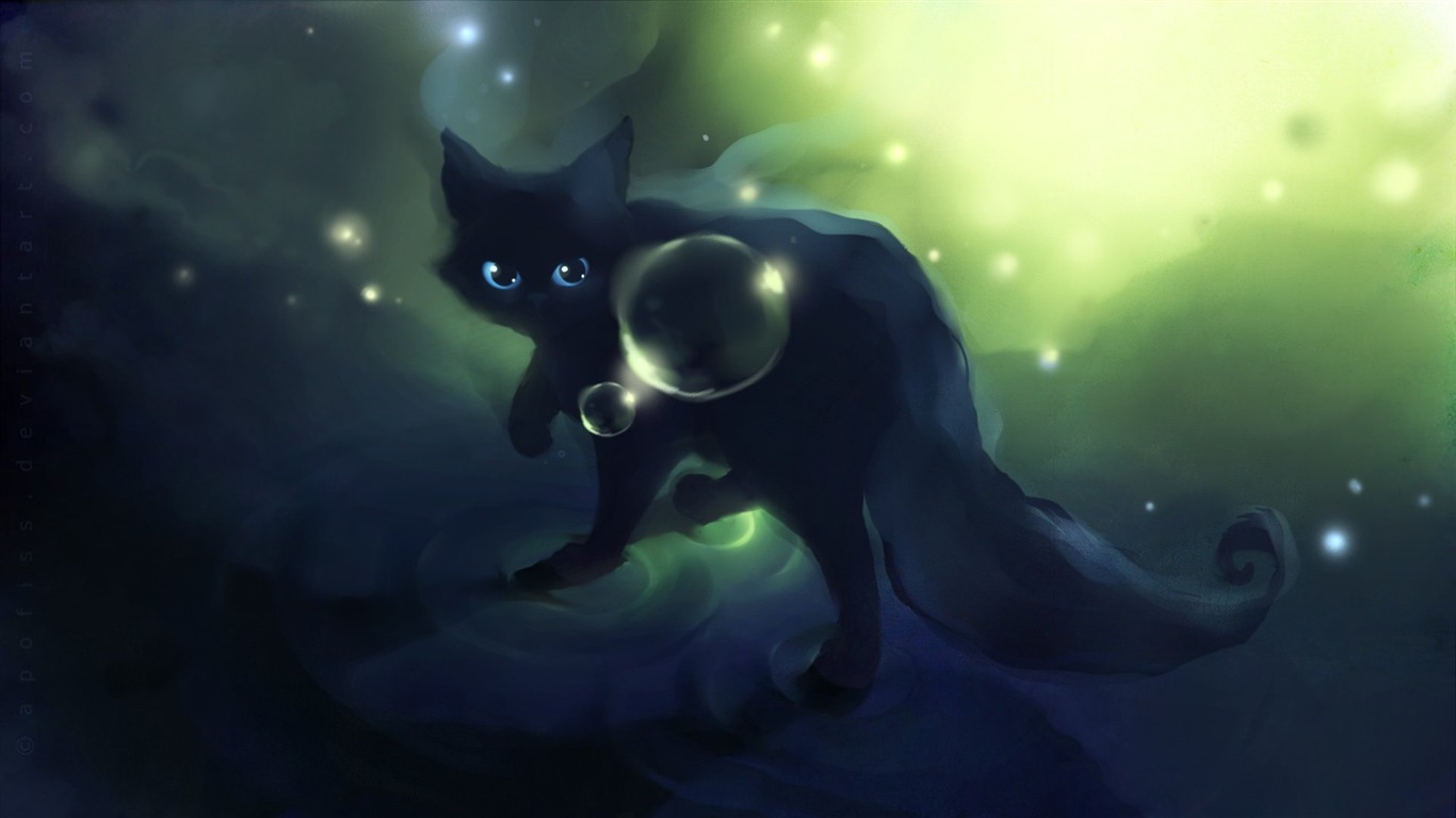 Apofiss маленький черный кот обои иллюстрации акварелью #12 - 1366x768