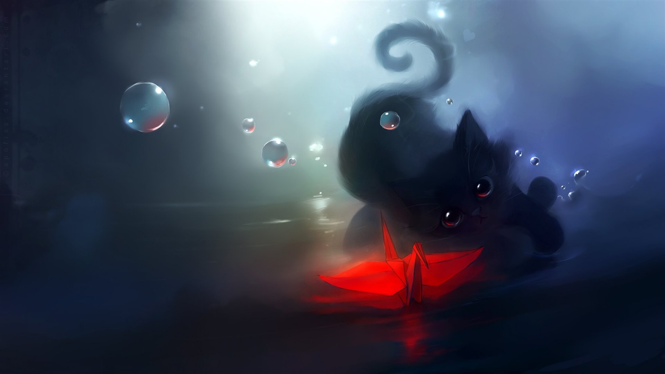 Apofiss маленький черный кот обои иллюстрации акварелью #15 - 1366x768