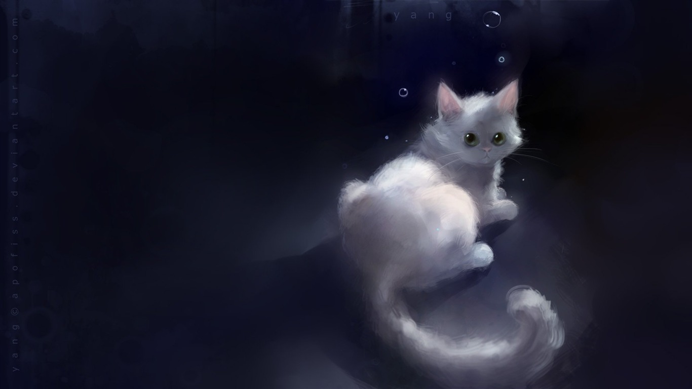 Apofiss маленький черный кот обои иллюстрации акварелью #20 - 1366x768