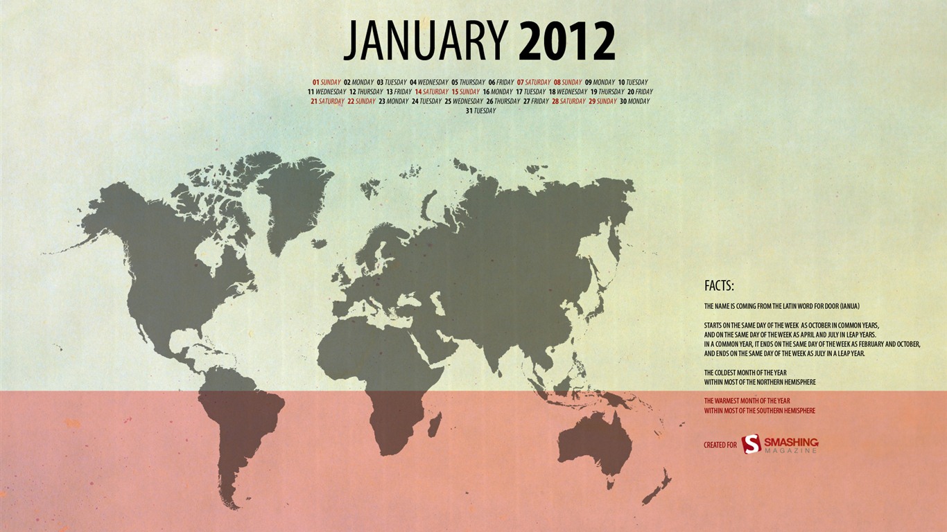 2012年1月カレンダー壁紙 #10 - 1366x768