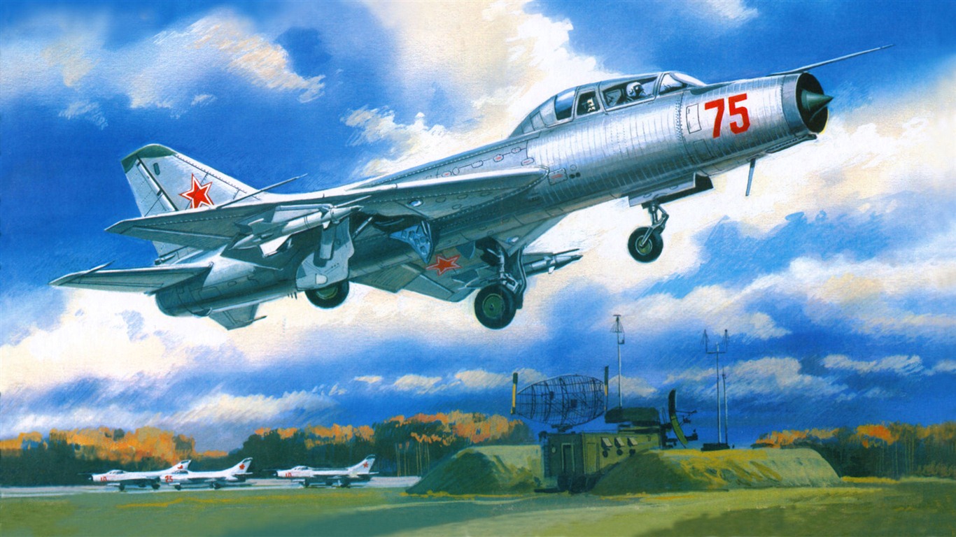 空中飞行的军用飞机 精美绘画壁纸9 - 1366x768