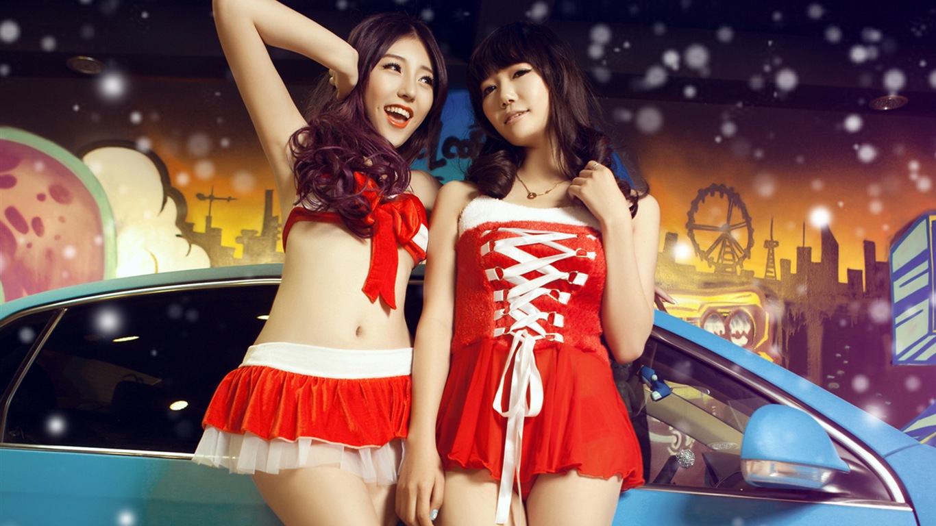 新年喜慶的紅色裝美女車模 高清壁紙 #1 - 1366x768