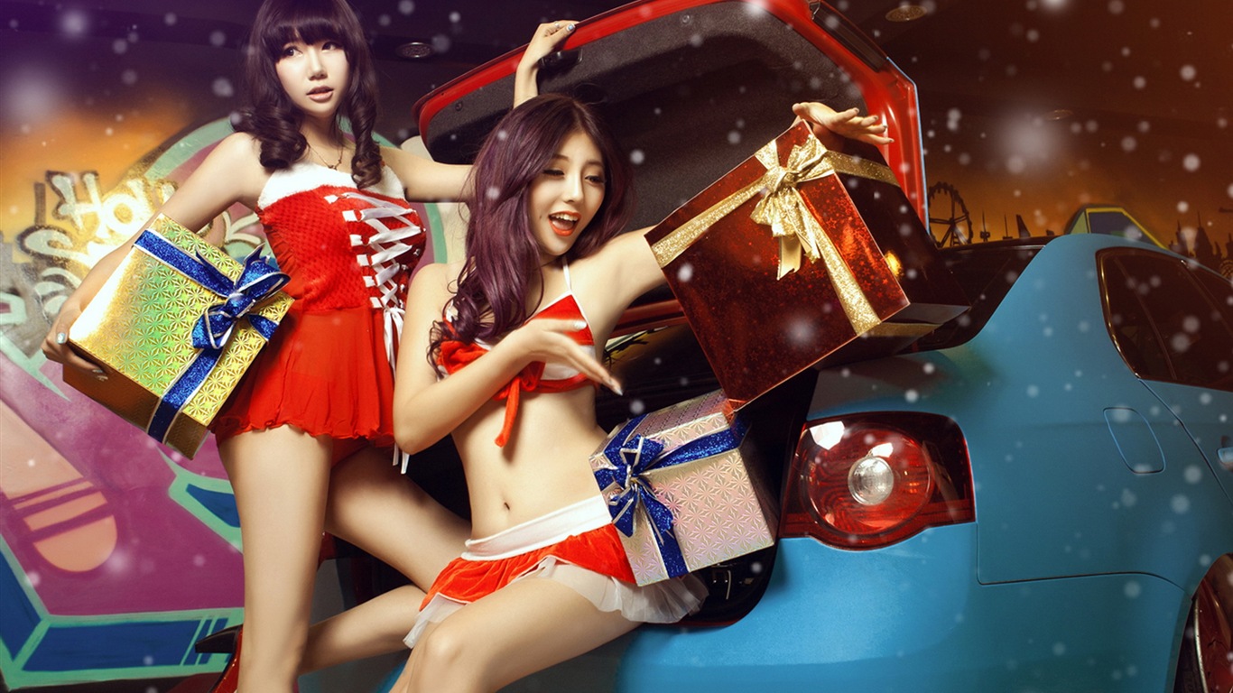 新年喜庆的红色装美女车模 高清壁纸7 - 1366x768