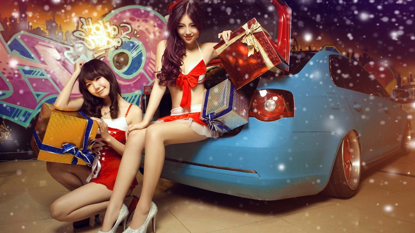 Novoroční slavnostní červená šaty krásné modely aut HD Tapety na plochu #8 - 1366x768