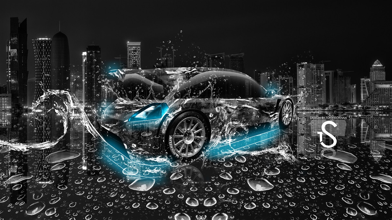 Water drops splash, beautiful car creative design wallpaper #11 - 1366x768