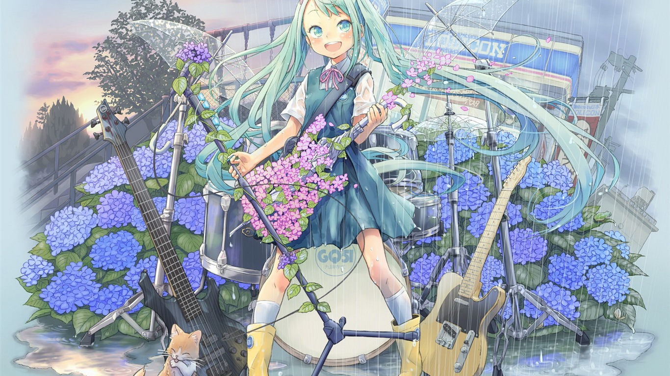 音楽ギターアニメの女の子HDの壁紙 #4 - 1366x768