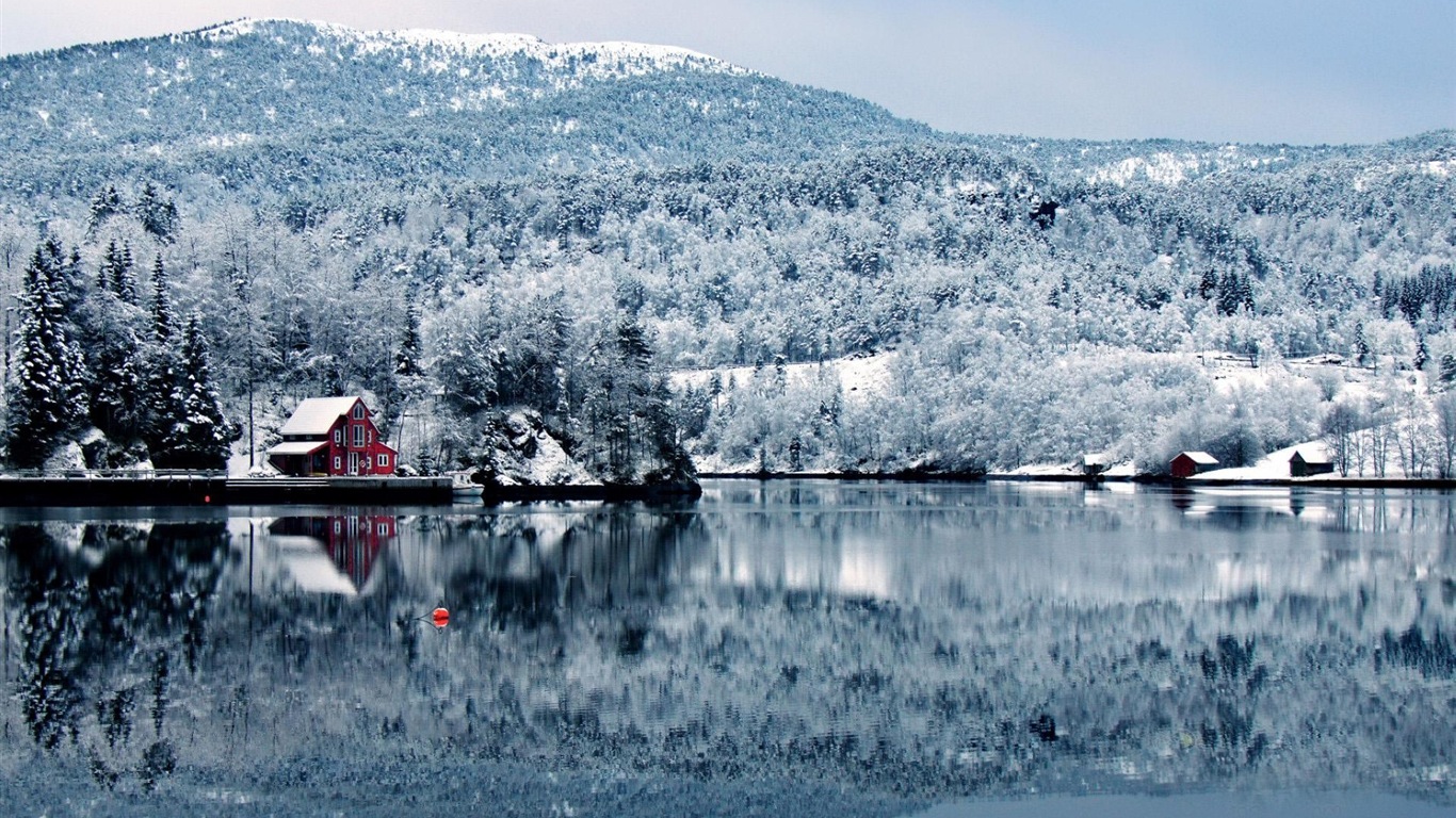 冬天的雪景，山，湖，树木，道路 高清壁纸11 - 1366x768