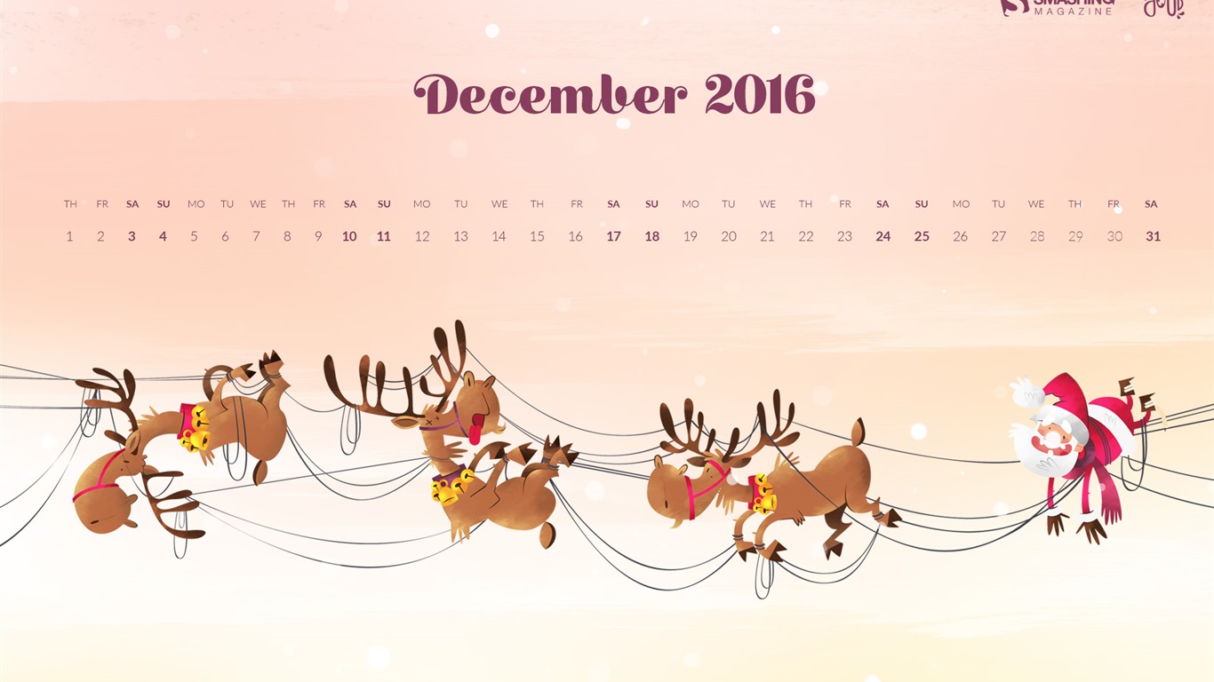 December 2016 Christmas theme calendar wallpaper (1) #13 - 1366x768