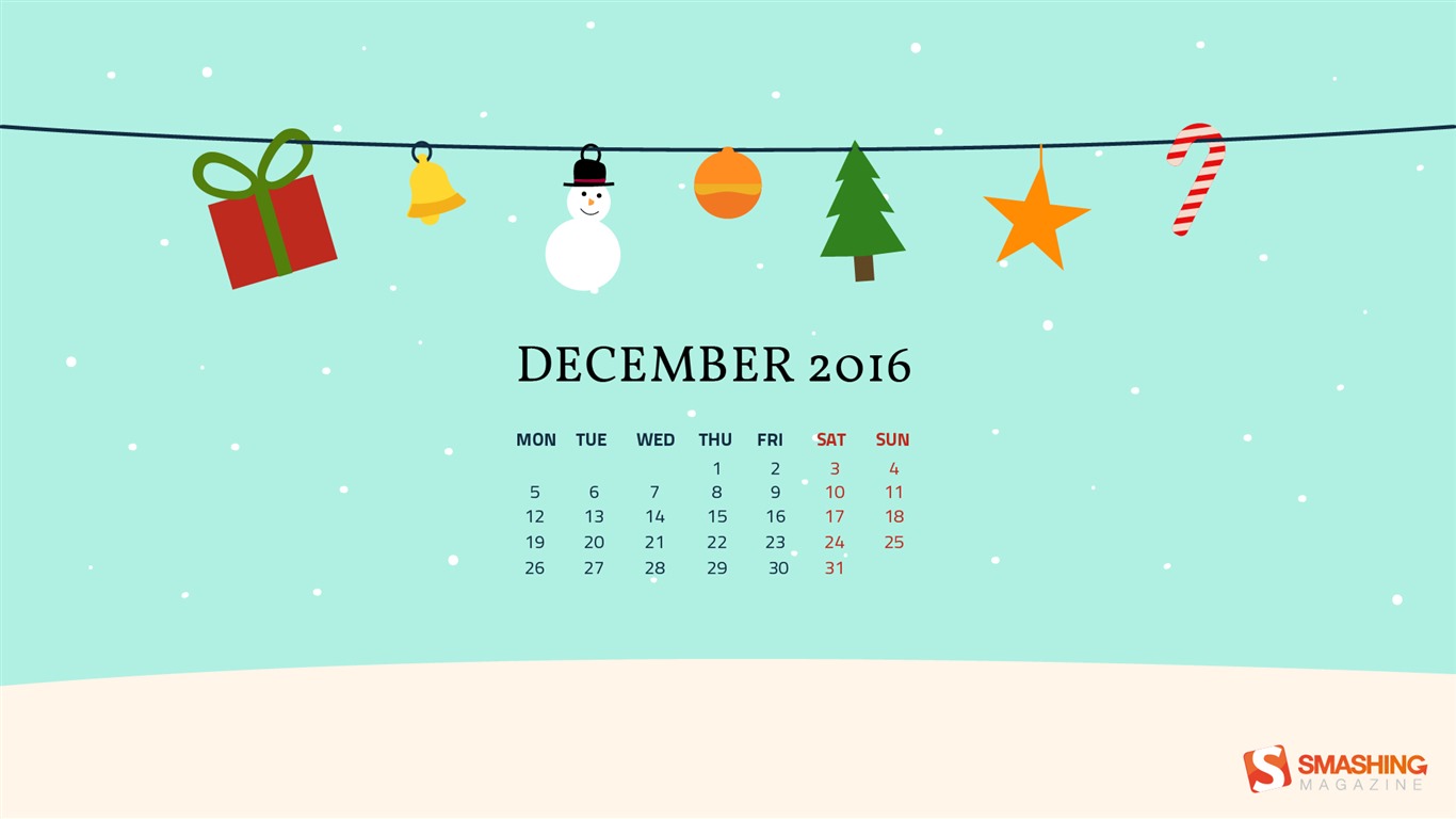 December 2016 Christmas theme calendar wallpaper (1) #14 - 1366x768