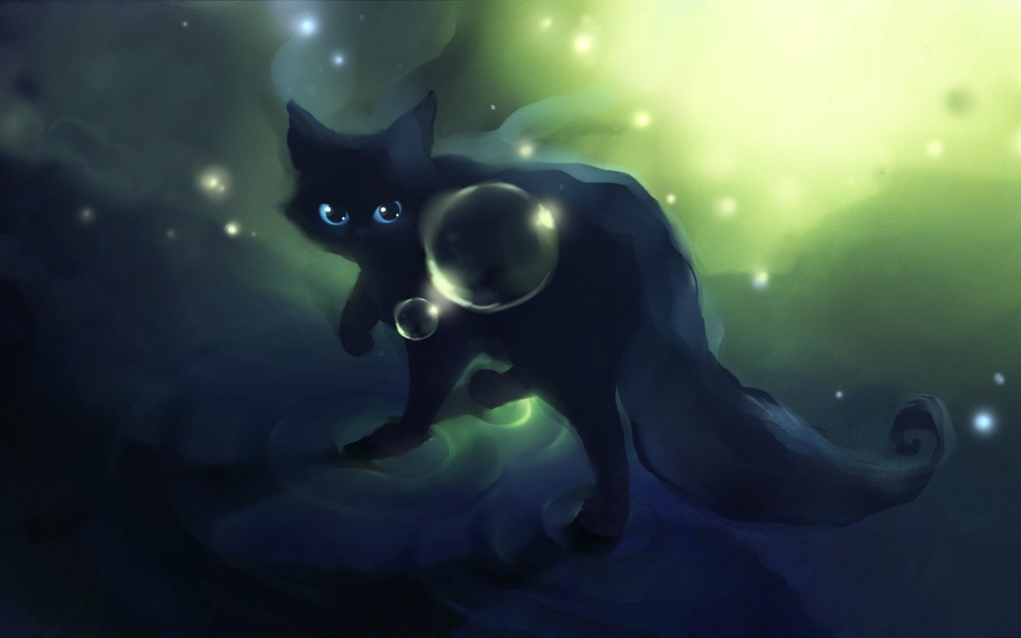 Apofiss маленький черный кот обои иллюстрации акварелью #12 - 1440x900