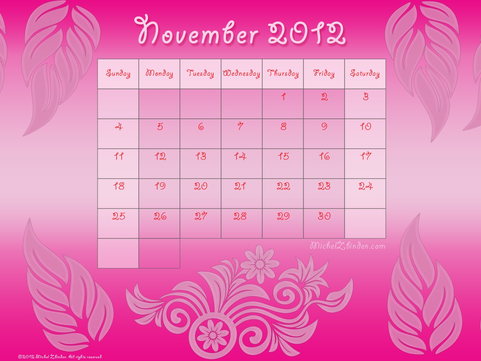 2012年11月カレンダー壁紙（1） #3 - 1600x1200