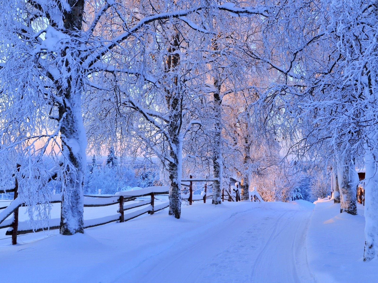 冬天的雪景，山，湖，树木，道路 高清壁纸4 - 1600x1200