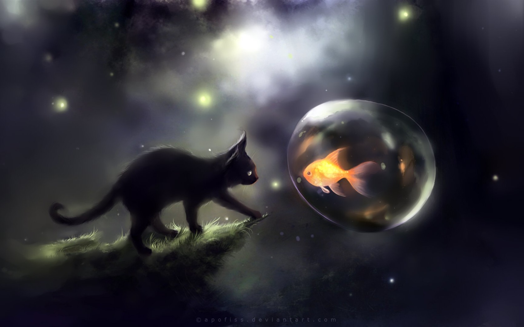 Apofiss 작은 검은 고양이 벽지 수채화 삽화 #1 - 1680x1050